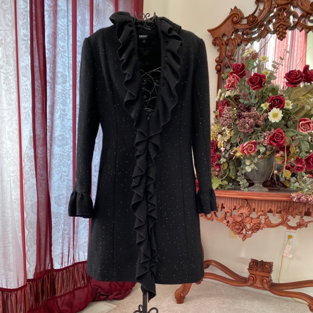 DKNY Wool Long-Sleeved, Ruffle Front Sequined Coat